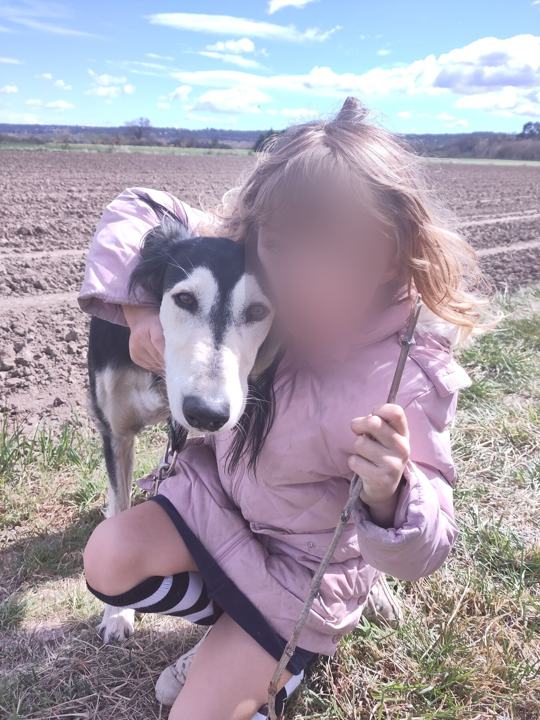 A girl in pink crouching with Sagi in a field