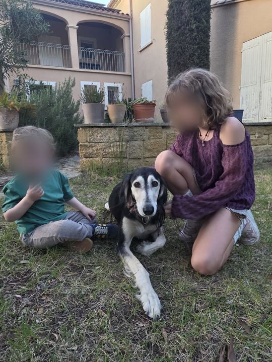 Sagi lying in the grass between a small boy and a teenage girl